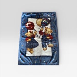 Blue Jean Teddy Bear Plush Fleece Baby Blanket Balloons Boy Girl 43.5” X 30”
